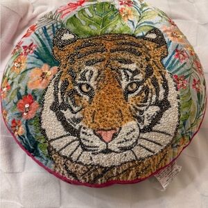 Beaded Tiger Accent Pillow - Pink, Green, White